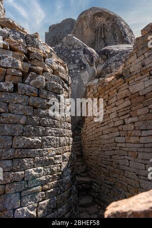 Antiche rovine del Grande Zimbabwe (Africa meridionale) vicino al Lago Mutirikwe Foto Stock