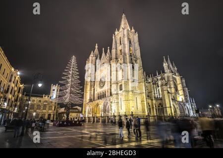 Leon Cattedrale gotica notte piovosa riflessi in acqua, albero di natale e luci, Castilla Leon Spagna Foto Stock