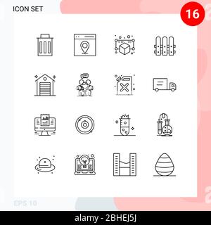 Gruppo di 16 delinea segni e simboli per uffici, edifici, gadget, case, costruzioni elementi di progettazione vettoriale editabili Illustrazione Vettoriale