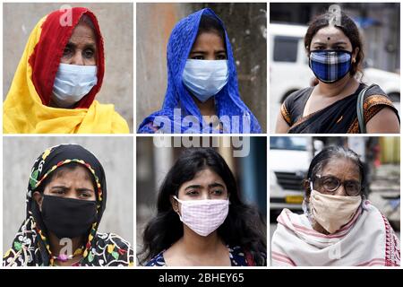 Guwahati, Assam, India. 25 Aprile 2020. Una combinazione di sei immagini mostra donna indossando maschera, durante il blocco nazionale per frenare la diffusione del coronavirus, a Guwahati. Credit: David Talukdar/ZUMA Wire/Alamy Live News Foto Stock