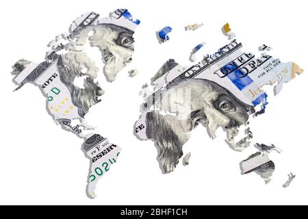 Mappa del mondo fatta da dollari americani fatture. Primo piano. Foto Stock