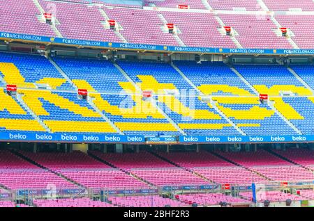 Barcellona, Spagna, 14 marzo 2019: Primo piano delle tribune multilivello stand di Camp Nou. Nou Camp è lo stadio della squadra di calcio di Barcellona, il più grande stadio della Spagna. Foto Stock
