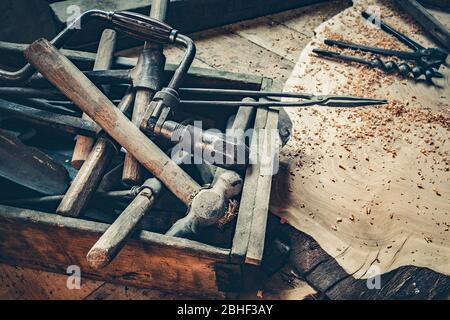 attrezzi di falegnameria vecchi - primo piano Foto Stock