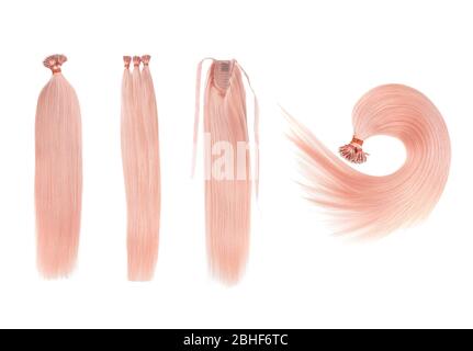 Set di 4 finte donne capelli estensioni in coda, isolato su sfondo bianco. Colore rosa chiaro e diversi tipi di accessori. Foto Stock