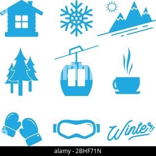 Imposta l'icona invernale con grafica piatta e colore blu. Disegno piatto icona inverno per il web. Illustrazione vettoriale EPS.8 EPS.10 Illustrazione Vettoriale