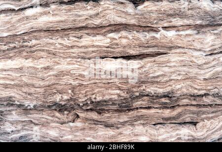 Materiale termoisolante, lana di roccia. Strato di isolamento termico del tetto. Lana minerale o fibra minerale, cotone minerale, fibra minerale, lana di vetro, MMMF, Foto Stock