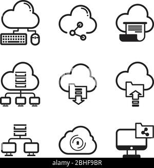 Impostare le icone lineari del cloud computing per l'elemento di progettazione Web. Sicurezza del servizio online. Connessione. Collezione di icone di contorno. Illustrazione vettoriale EPS.8 EPS. Illustrazione Vettoriale