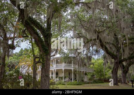 Una bella casa in stile vittoriano incorniciata da vecchi alberi di quercia drappeggiato con muschio spagnolo nel quartiere storico di Crystal River, Florida Foto Stock