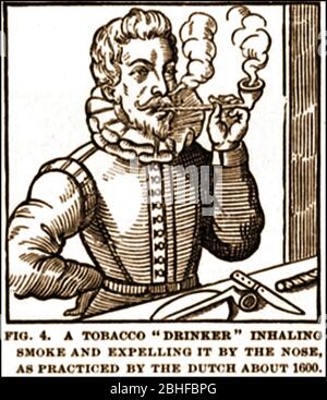 'Drinking' Tobacco nel 17 ° secolo (da un libro raro pubblicato a Rotterdam nel 1623 che mostra come 'scricchiolare' il tabacco). I fumatori in anticipo hanno descritto fumare come 'fumo di scarico '. Foto Stock