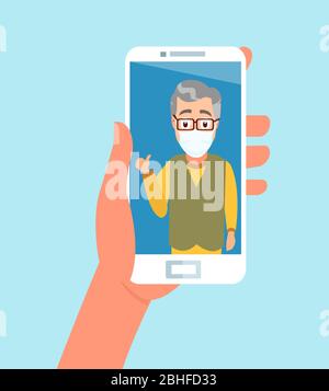 Smartphone Vector of hand holding che parla con un membro della famiglia anziano che indossa la maschera facciale tramite l'app per videochiamate Illustrazione Vettoriale