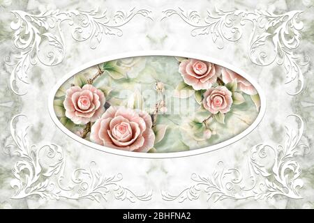 tappezzeria con soffitto 3d, cornice decorativa bianca, rose in pietra su sfondo di marmo verde pallido. sfondo 3d. Foto Stock