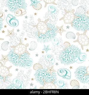 Oceano conchiglie modello sfondo, vettore schizzo linea arte conchiglie, coralli e tartarughe. Modello subacqueo marino, disegno inciso in oro pastello e turchese colore, mare reef conchiglie fondo Illustrazione Vettoriale