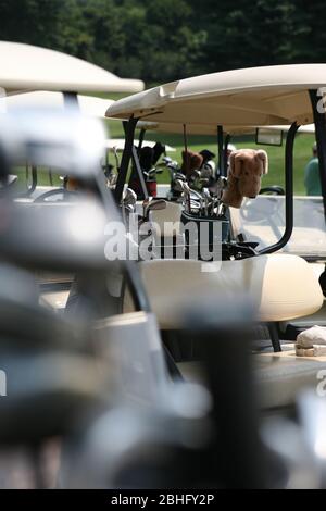 mazze da golf in borsa con copriporta-driver sui carrelli da golf Foto Stock