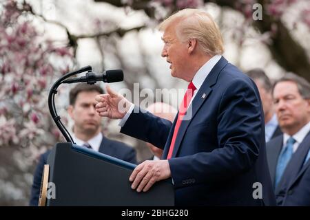 Il presidente Donald J. Trump, Unito ai membri della White House Coronavirus Task Force, annuncia un’emergenza nazionale per combattere ulteriormente l’epidemia di Coronavirus, in occasione di una conferenza stampa venerdì 13 marzo 2020, nel Rose Garden della Casa Bianca. (STATI UNITI) Foto Stock