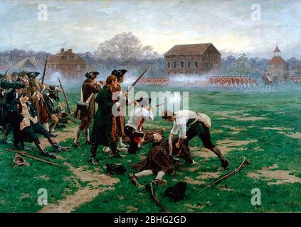 La battaglia di Lexington, 19 aprile 1775, olio su tela di William Barns Wollen, 1910. Foto Stock