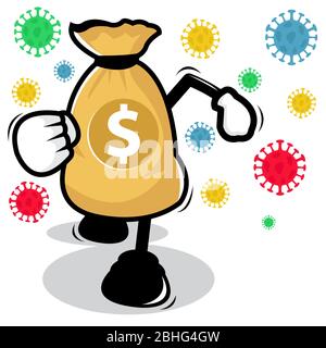 Illustrazione del personaggio Money Bag che viene eseguito da Corona Viruses su sfondo bianco Foto Stock