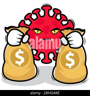 Illustrazione del personaggio Red Corona Virus che tiene il Money Bag su sfondo bianco Foto Stock