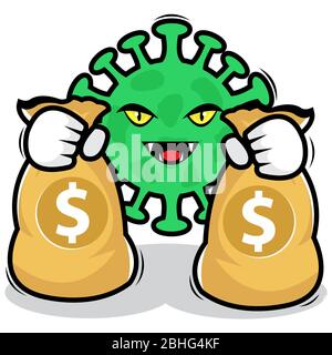 Illustrazione del personaggio Green Corona Virus che tiene il Money Bag su sfondo bianco Foto Stock