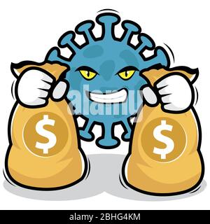 Illustrazione del personaggio Blue Corona Virus che tiene il Money Bag su sfondo bianco Foto Stock