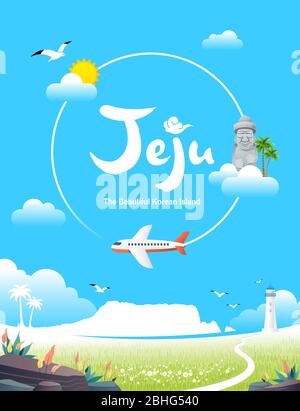 Bella isola coreana, Jeju. Cielo blu e aereo, Jeju isola gita estiva. Illustrazione Vettoriale