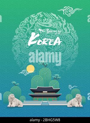 Bella Corea. Palazzo tradizionale, statua in pietra di haetae leggendaria animale, illustrazione vettoriale del modello drago della dinastia Joseon. Illustrazione Vettoriale