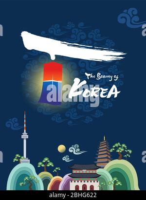 La bella Corea. Benvenuti in Corea del Sud viaggio e punto di riferimento, Namsan Torre e Palazzo, Corea. Illustrazione Vettoriale