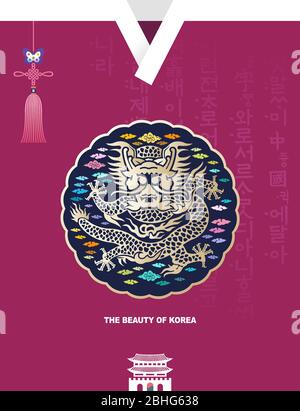 Bella Corea. Tradizionale palazzo Gwanghwamun, gown reale Joseon, illustrazione vettoriale a motivo di drago. Hunminjeongeum, traduzione coreana. Illustrazione Vettoriale