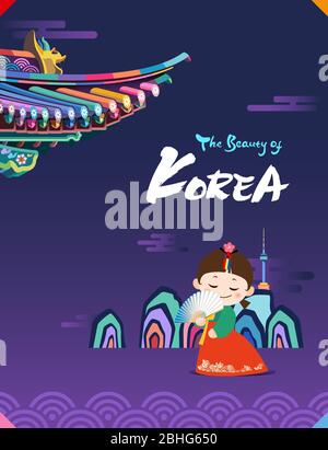 La bellezza della Corea. I personaggi hanbok bambini sotto il tetto tradizionale coreano sorridono con il ventilatore. Illustrazione Vettoriale