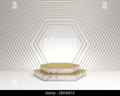 rappresentazione 3d del piedistallo in marmo bianco isolato su sfondo bianco, cornice in oro esagonale, tabellone commemorativo, gradini esagonali, concetto astratto minimo, vuoto Foto Stock