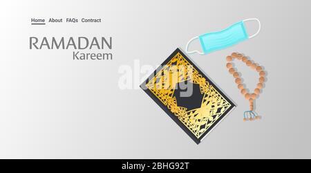 ramadan kareem santo mese religione concetto islamico quran tasbih e maschera medica coronavirus pandemico quarantena biglietto di auguri copia orizzontale vettore spazio illustrazione Illustrazione Vettoriale
