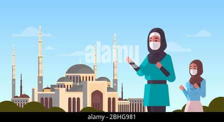 donne arabe preghiere in maschere ramadan kareem mese santo coronavirus pandemic quarantena concetto nabawi moschea costruzione sfondo orizzontale ritratto piano illustrazione vettoriale Illustrazione Vettoriale