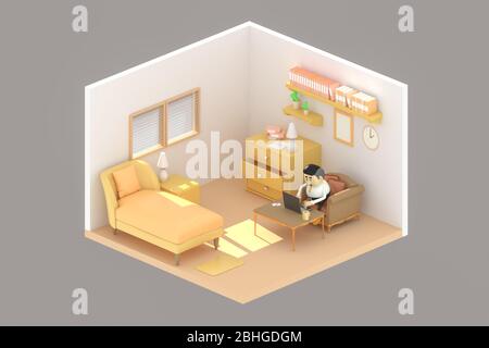 Un uomo usa un notebook per lavorare a casa sua.. illustratore 3d. Foto Stock