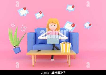 Una donna seduta e che lavora a casa sul suo divano utilizzando un computer portatile. illustratore 3d. Foto Stock
