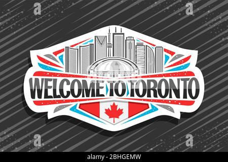 Logo Vector per Toronto, etichetta decorativa bianca con illustrazione della linea del paesaggio contemporaneo toronto città su sfondo cielo giorno, frigo magnete con uniq Illustrazione Vettoriale