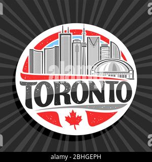 Logo vettoriale per Toronto, bianco decorativo tag rotondo con linea illustrazione del moderno Toronto città paesaggio su giorno cielo sfondo, design turistico frigo m Illustrazione Vettoriale