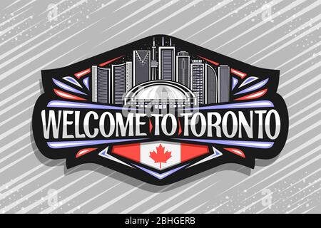 Logo Vector per Toronto, badge decorativo nero con linea di illustrazione del paesaggio contemporaneo toronto città su sfondo crepuscolo cielo, Tourist frigo magne Illustrazione Vettoriale