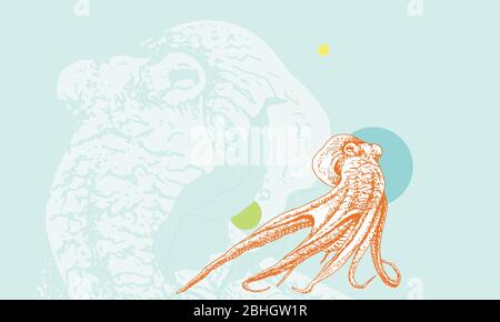 Polpo saggio. Dettagliato, riccamente strutturato, disegnato a mano. Illustrazione Vettoriale