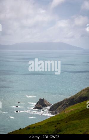 Wairaka si trova sulla costa occidentale di Wellington, a sud di Pukerua Bay, Porirua, Wellington, Nuova Zelanda. Kapiti Island in distanza. Foto Stock