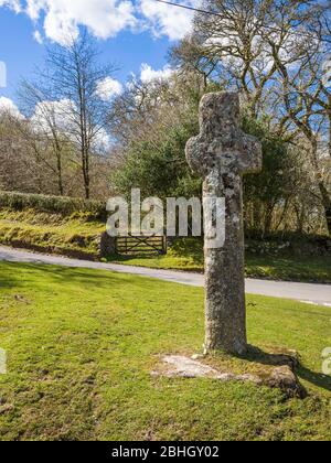 Marchant's Cross, vicino a Meavy, è un antico marcatore in pietra sulla via dell'Abate tra il Priorato di Plympton e l'Abbazia di Tavistock. Devon, Inghilterra, Regno Unito. Foto Stock