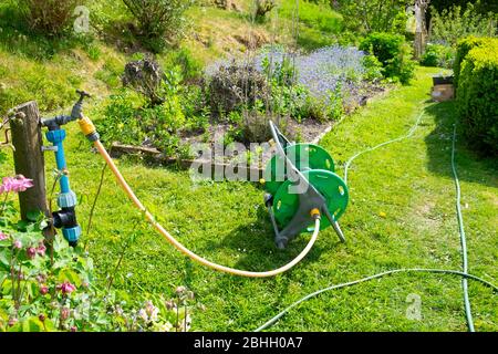 Rubinetto da giardino e avvolgitubo con tubi per irrigazione irrigazione  irrigazione in un orto erbaceo e vegetale nel paese in Galles rurale UK  KATHY DEWITT Foto stock - Alamy