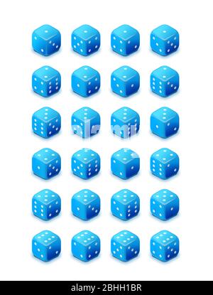 Set di cubi di gioco lucidi blu brillante su sfondo bianco, tutti i possibili dadi 3d gira per il casinò in vista isometrica Illustrazione Vettoriale