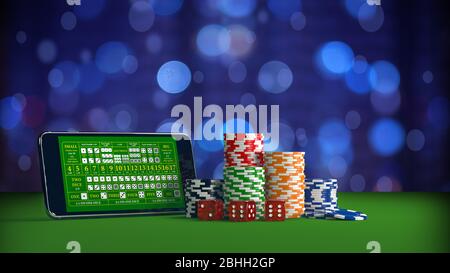 Concetto di gioco d'azzardo online con smartphone, chip e dadi poker. illustrazione 3d Foto Stock