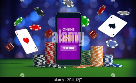 Concetto di gioco d'azzardo online con smartphone, chip e dadi poker. illustrazione 3d Foto Stock