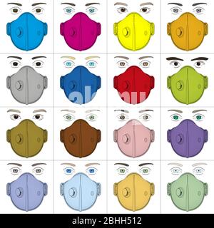 Maschere chirurgiche antivirali per la protezione antivirus di vari colori, illustrazione vettoriale Illustrazione Vettoriale