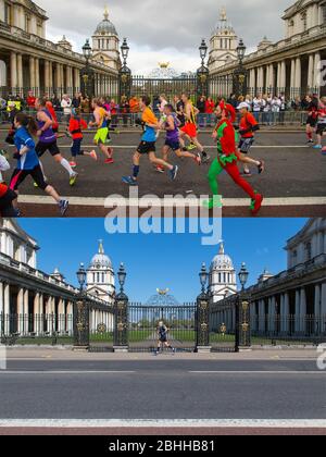 Un'immagine composita del percorso della maratona di Londra, immagine superiore scattata 2016, immagine inferiore scattata domenica 26 aprile 2020. Un corridore passa l'Old Royal Naval College, a Greenwich, nel corso della maratona londinese, che è stata rimandata per contribuire a frenare la diffusione del coronavirus. Foto Stock