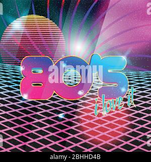 Stile retro anni '80 disco design neon. Paesaggio con griglia di stile anni '80 retro Illustrazione Vettoriale