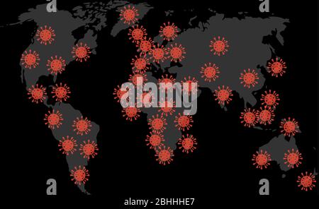 Diffusione globale della mappa grafica pandemica. Mappa mondiale di illustrazione di coronavirus di epidemia. Virus di infezione pandemica vettoriale, pericolo per la salute umana, polmonite e Illustrazione Vettoriale