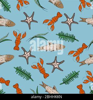 Aragoste divertenti. Pesci cartoon. Modello Sealife. Illustrazione Vettoriale