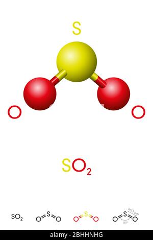 Anidride solforosa, SO2, modello di molecola e formula chimica. Anidride solforosa, un gas tossico e un inquinante dell'aria. Modello a sfera e avambraccio. Foto Stock