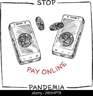 Design concetto di informazioni mediche, sociali, economiche e finanziarie manifesto agitazionale contro l'epidemia di coronavirus con il testo Stop pandemia Pay Illustrazione Vettoriale